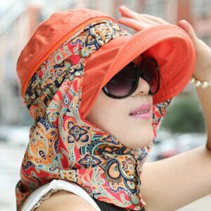 Color Sun Hat Wide Brim white orange  Vacation Beach S/M with snap off scarf